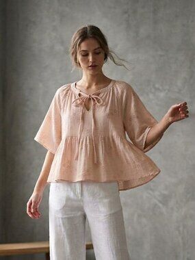 Together Blush Pink Eyelet Boho Tie-Neck Dress
